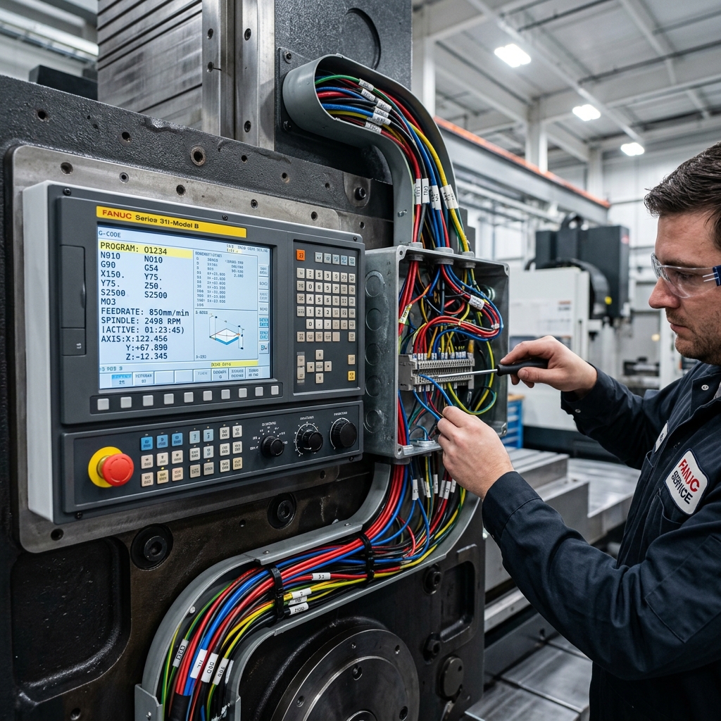Engineer installing a premium Fanuc CNC controller during machine retrofit