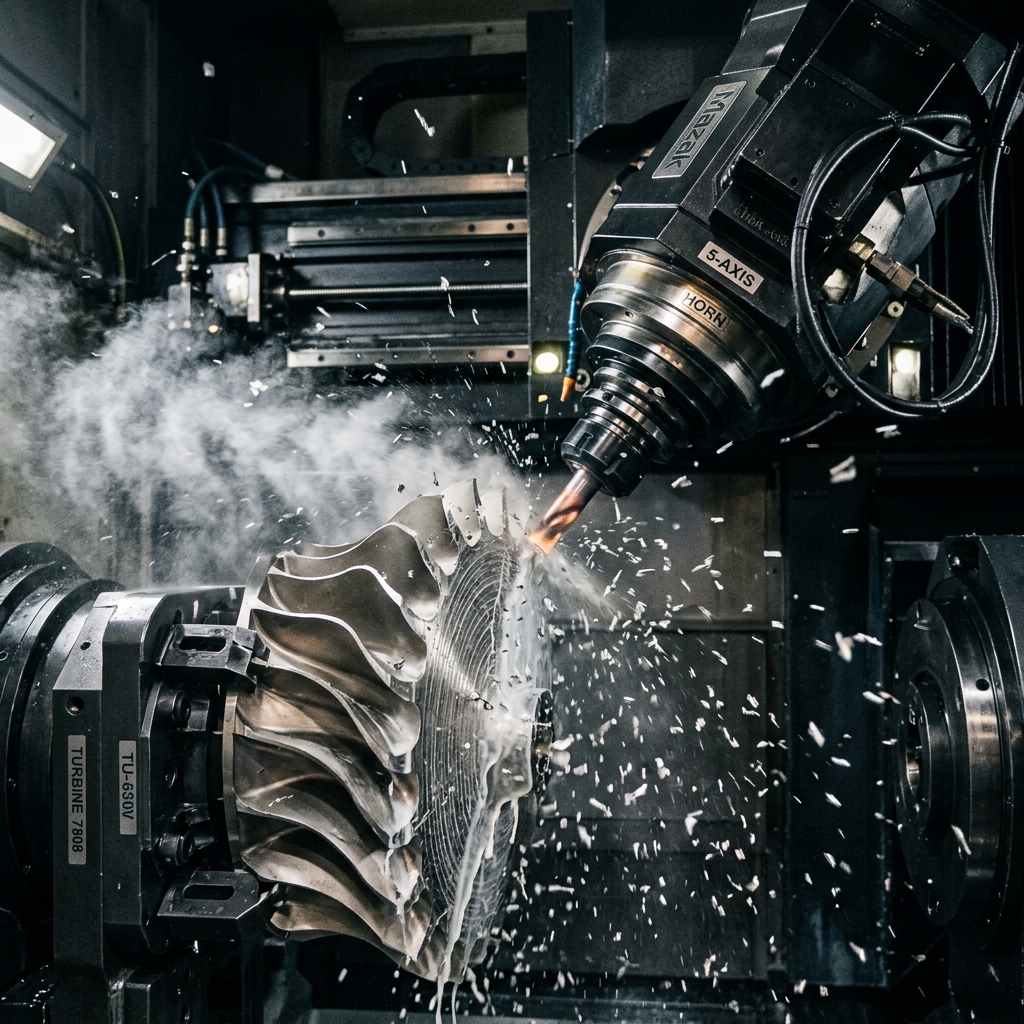 5-Axis CNC milling machine head cutting titanium aerospace components