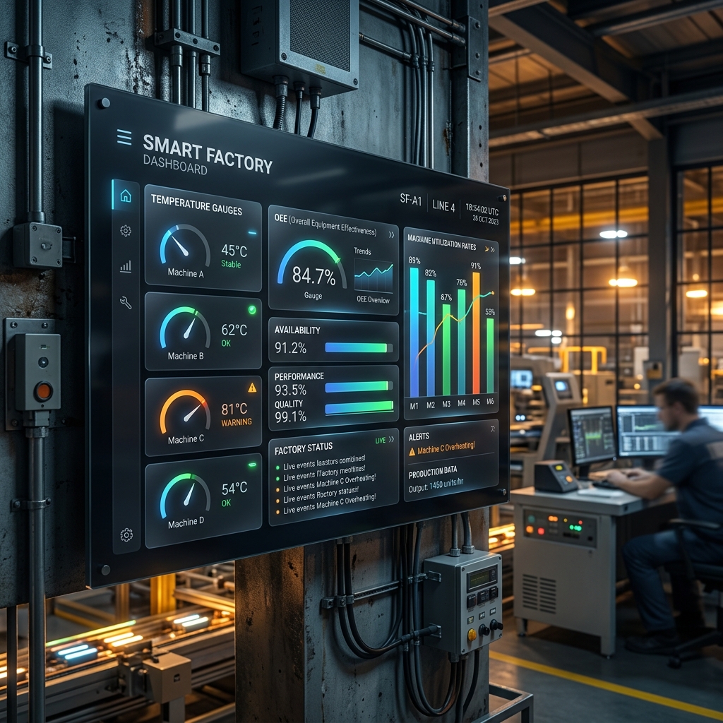 Fabrika OEE dijital paneli ve MTConnect canlı veri izleme ekranı