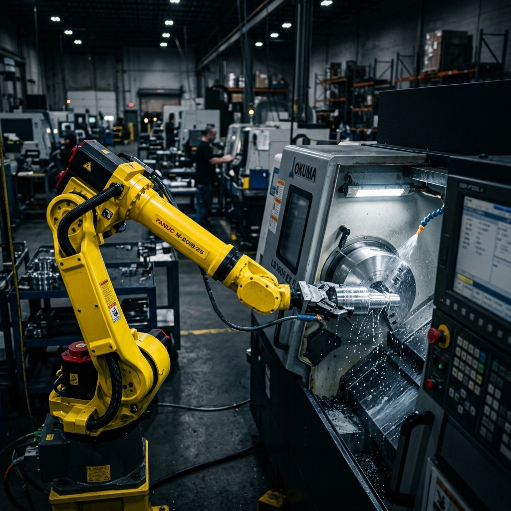 Fanuc robotic arm machine tending cell loading workpieces into CNC lathe